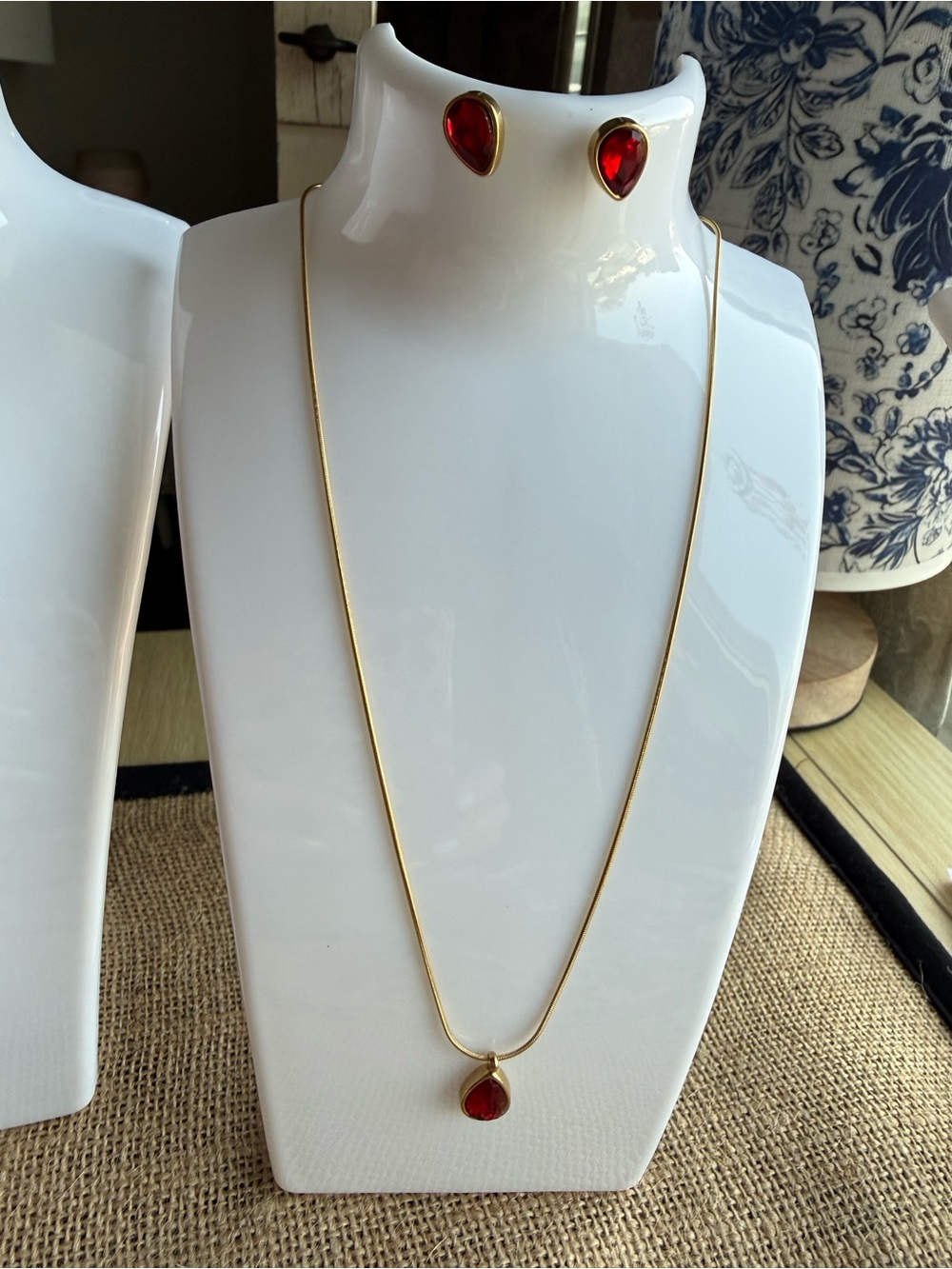 Gold Tone Necklace and Earrings Set with Red Teardrop Stones